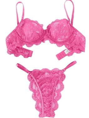 Lace Underwire Bra & Thong Set - Hot Pink